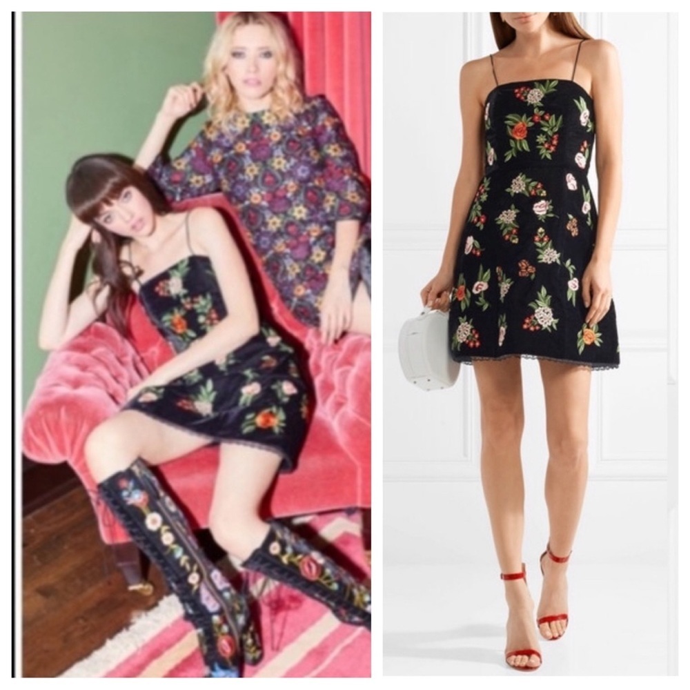 ALICE + OLIVIA Launa Black Velvet Red Floral Embroidered Mini Dress Lace Size 0